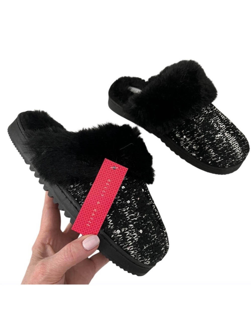 Kelly & Katie Black Knit Sparkly Faux-Fur Trim Slide Slipper Size M (7-8) NWT!